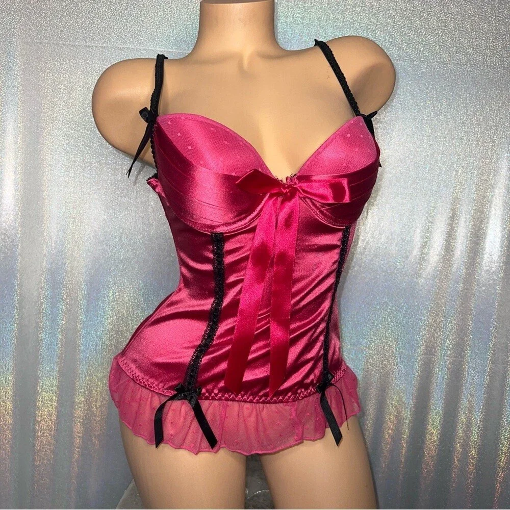 icollection corset top pink black shiny satin bows lace up sexy lingerie costume